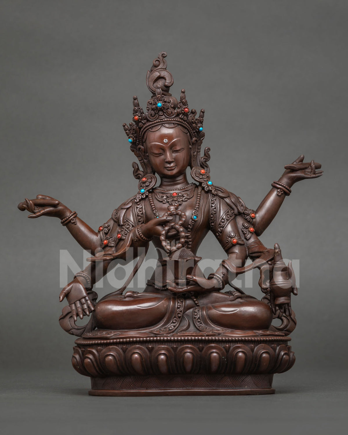 Mahasanti Tara statue, pacifier of negative karma, oxidized copper from Nepal