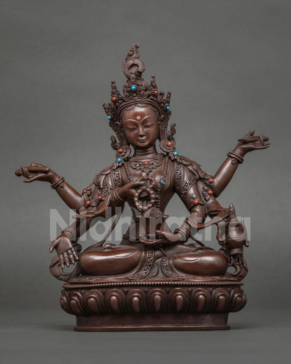 Mahasanti Tara statue, pacifier of negative karma, oxidized copper from Nepal