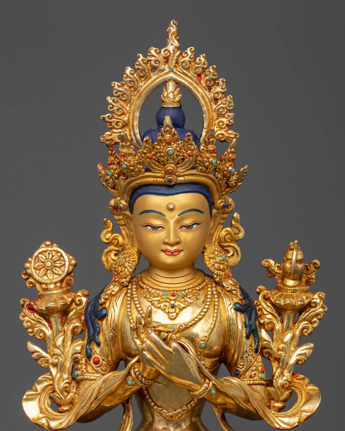 Maitreya Buddha sculpture seated on lotus pedestal in Dharma Chakra Mudra