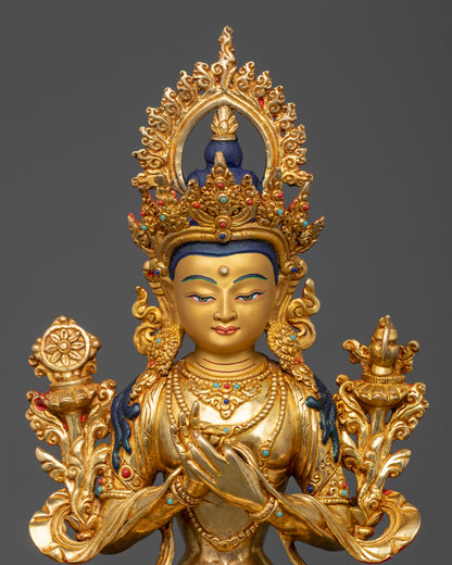 Maitreya Buddha sculpture seated on lotus pedestal in Dharma Chakra Mudra