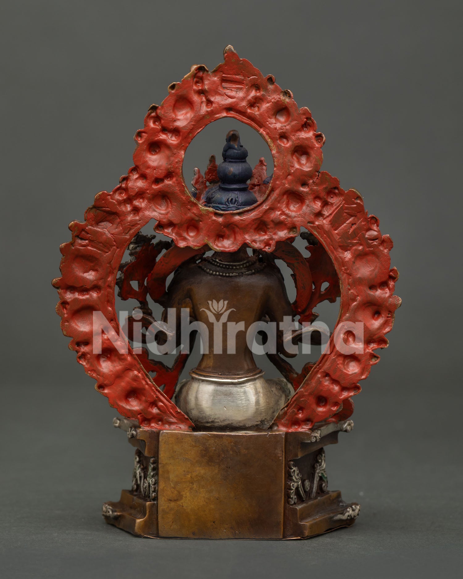 maitreya buddha statue back view in oxidized silver plated copper