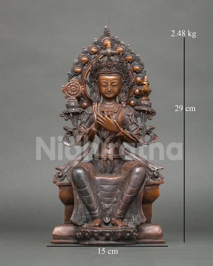 Maitreya Buddha Statue in copper with chemically oxidized finish front view.