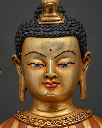 Maitreya Buddha statue detailed face close-up with gold fire-gilded finish