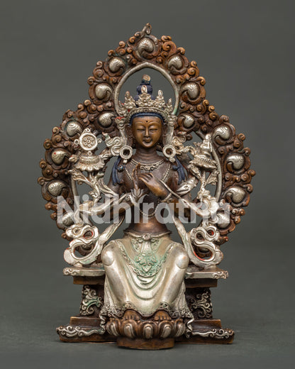maitreya buddha statue from nepal in oxidized silver plated copper front view