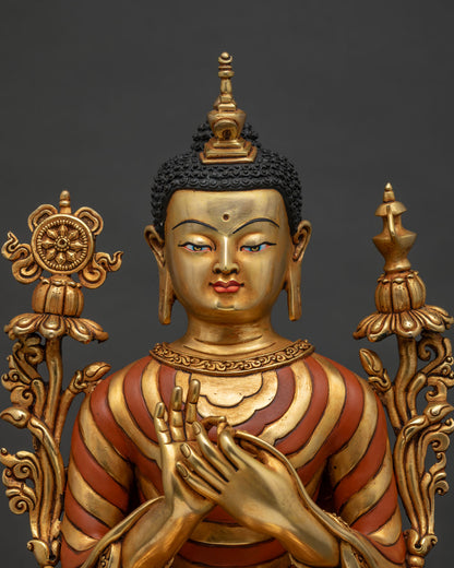 Maitreya Buddha statue front upper view showing serene face and stupa finial