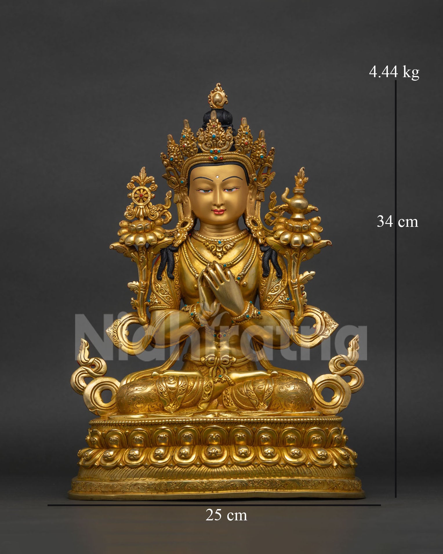 Maitreya Buddha Statue front view, 24K gold gilded copper sculpture handmade in Nepal