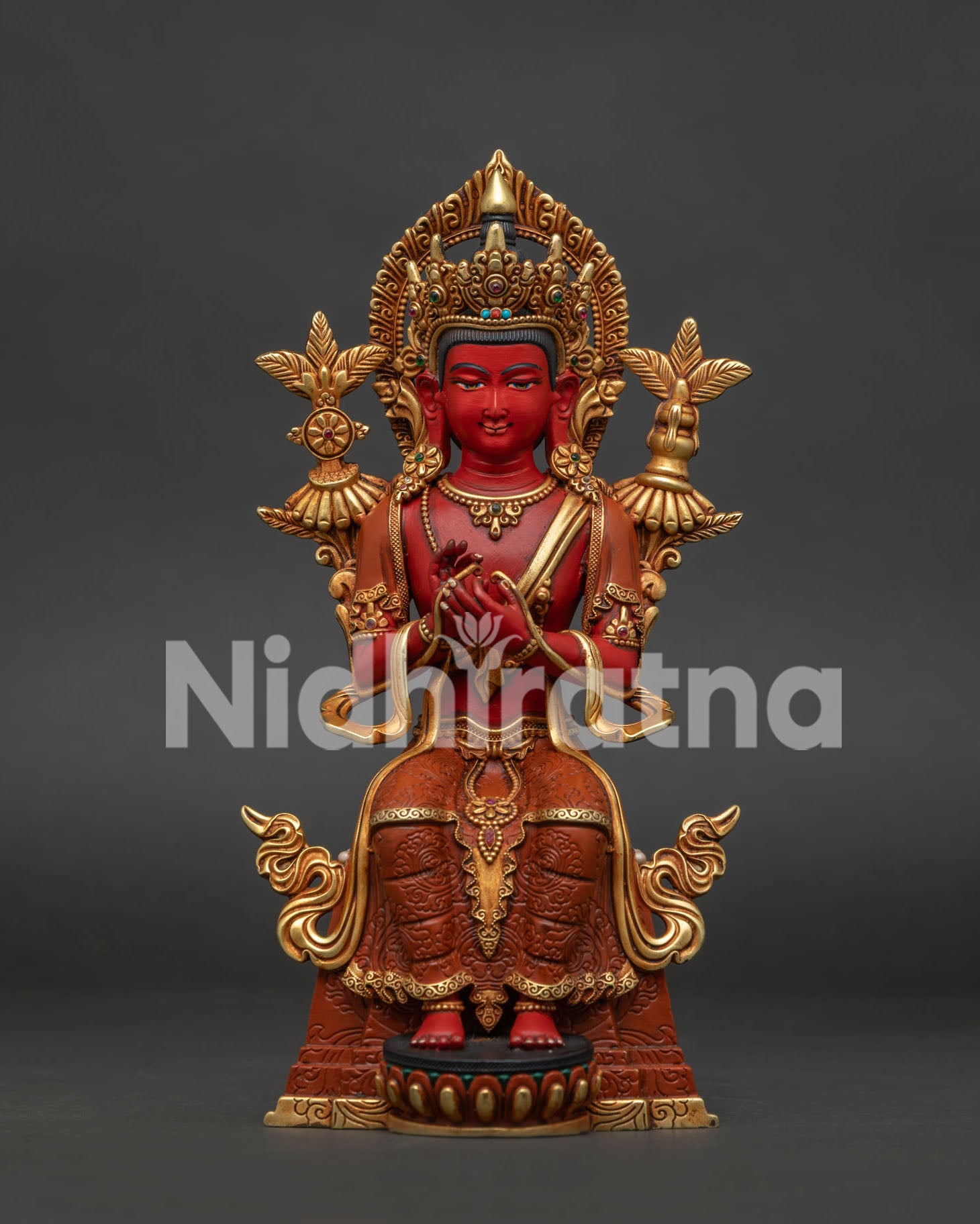Maitreya Buddha Statue front view, handcrafted copper sculpture with 24K gold gilding from Nepal