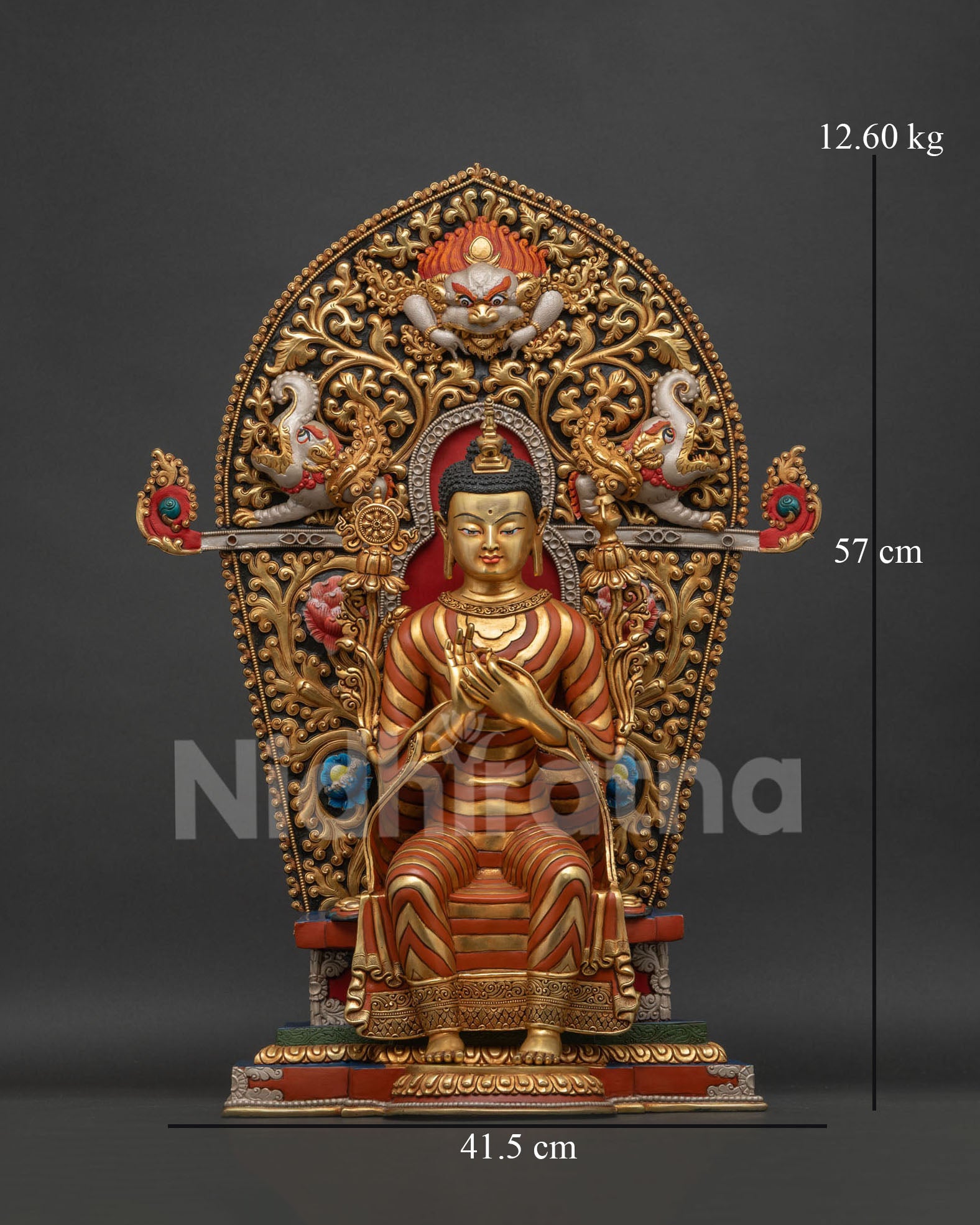 Maitreya Buddha statue front view with ornate halo and Dharmachakra mudra