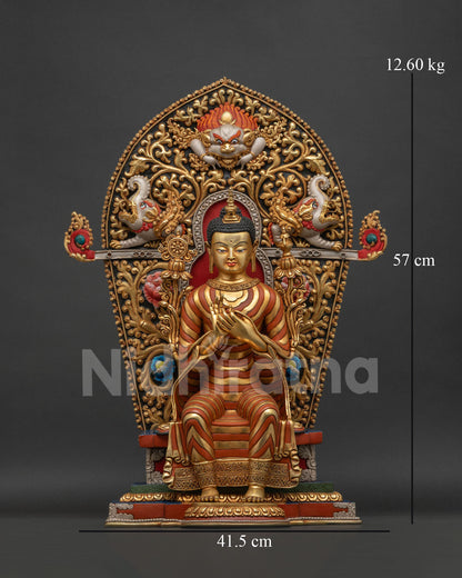 Maitreya Buddha statue front view with ornate halo and Dharmachakra mudra