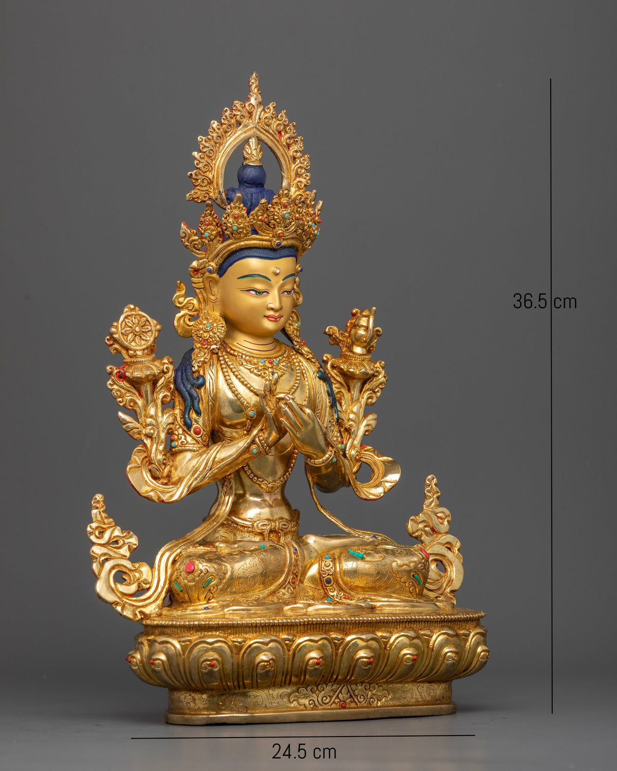 Maitreya Buddha Statue gold painted face semi precious stones and ornate jewelry