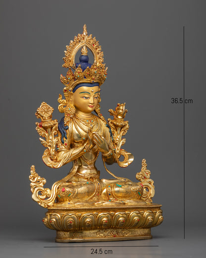 Maitreya Buddha Statue gold painted face semi precious stones and ornate jewelry