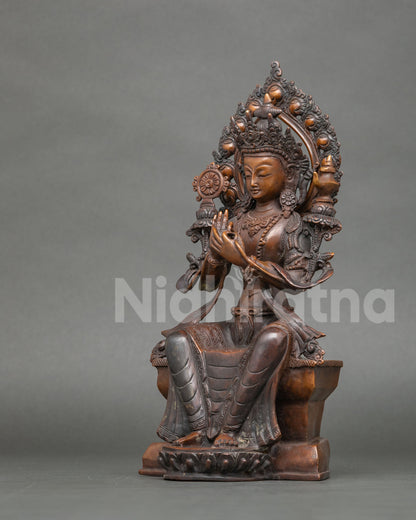 Maitreya Buddha Statue featuring an intricate hand carved halo.
