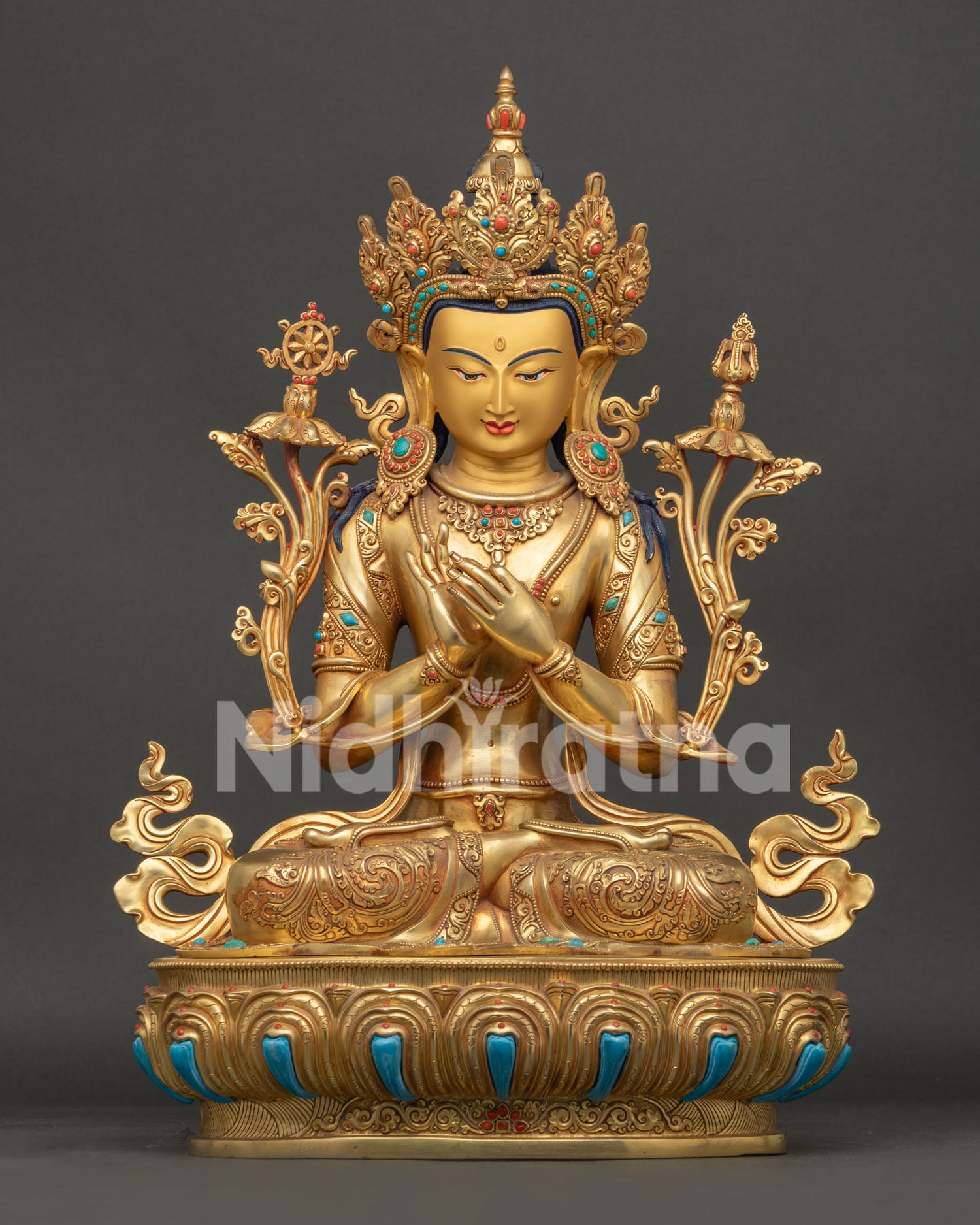 Maitreya Buddha Statue Handcrafted in Nepal with 24K Gold Gilding and Turquoise Inlay Front View