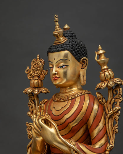 Maitreya Buddha statue right side view with utpala flower and ornate halo