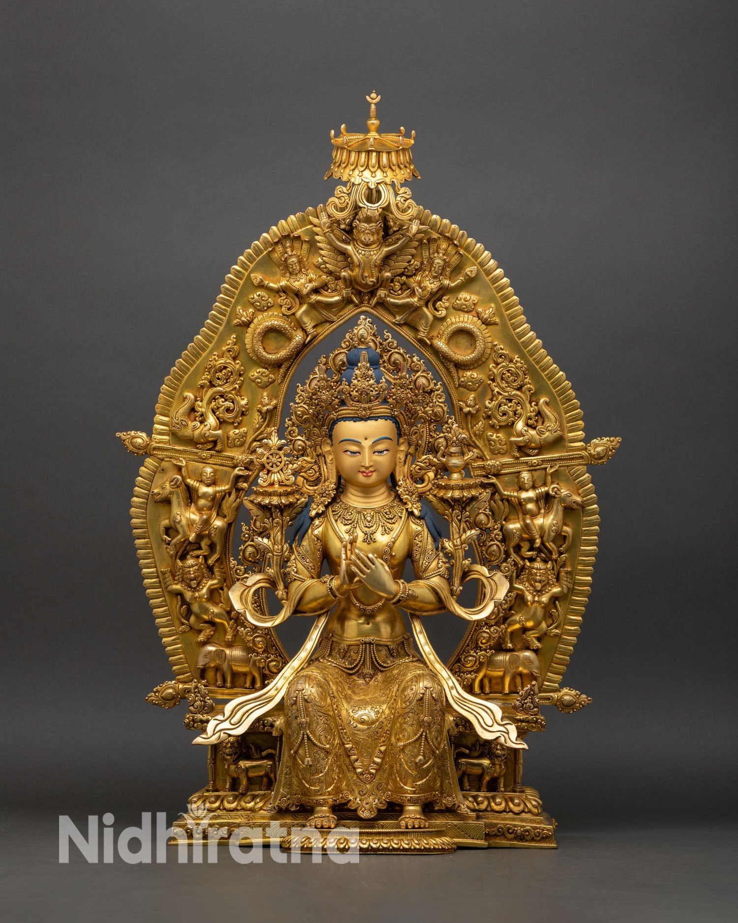 maitreya buddha statue seated on throne, gold gilded copper future buddha nepal