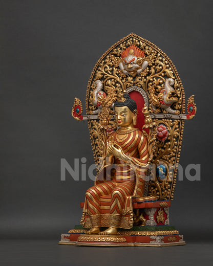Maitreya Buddha statue three-quarter left view showing intricate halo details
