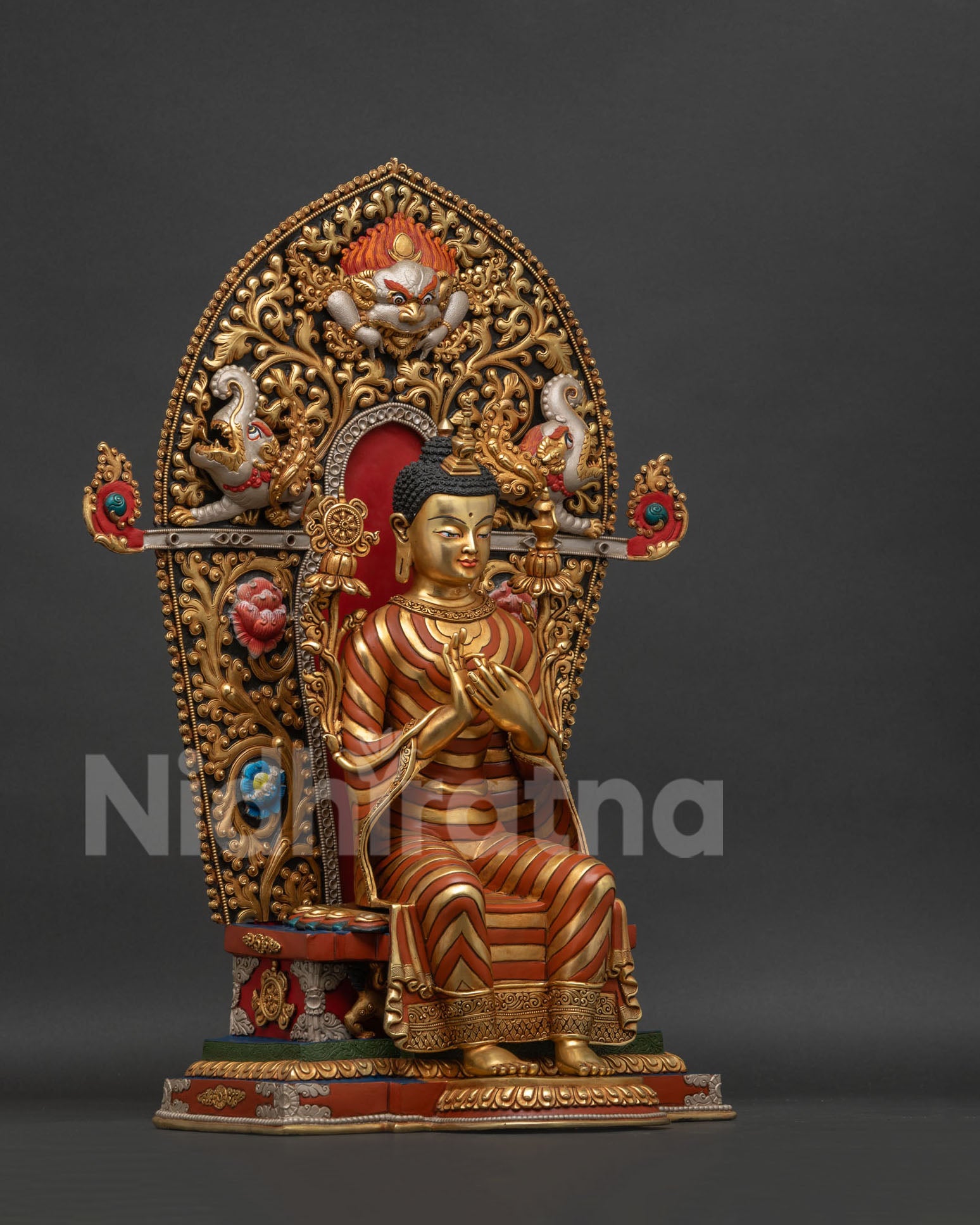 Maitreya Buddha statue three-quarter right view with ornate throne and halo