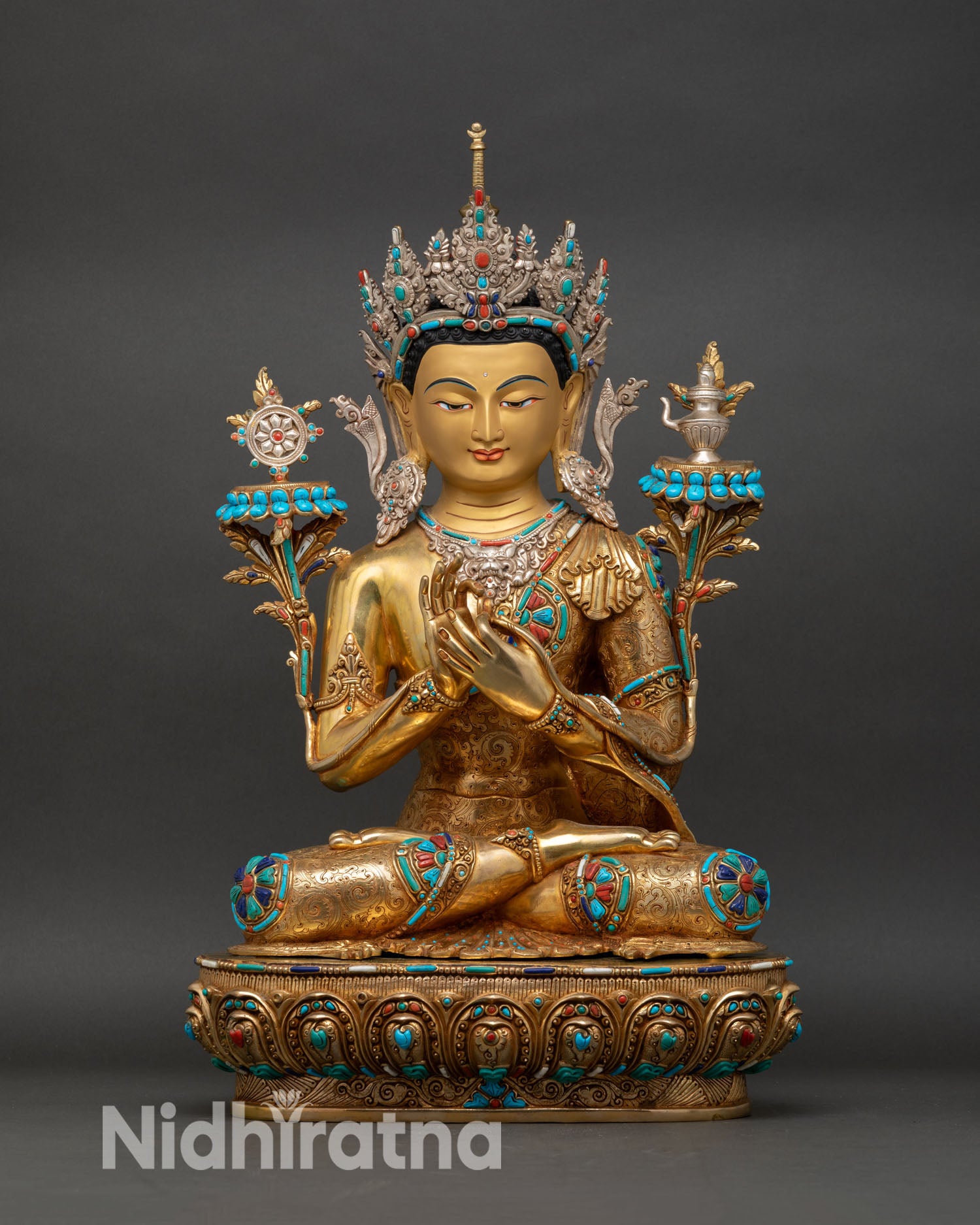 Maitreya Buddha Statue front view, copper lost-wax Himalayan sculpture with gold gilding, lotus base