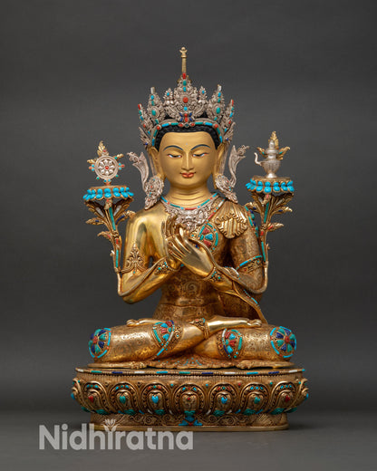 Maitreya Buddha Statue front view, copper lost-wax Himalayan sculpture with gold gilding, lotus base