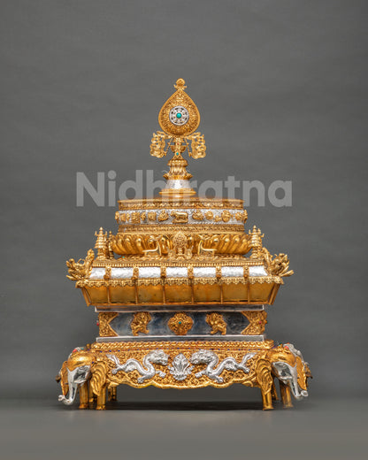 Mandala Offering Set Dharma Wheel finial turquoise stone gold silver plated Buddhist ritual art
