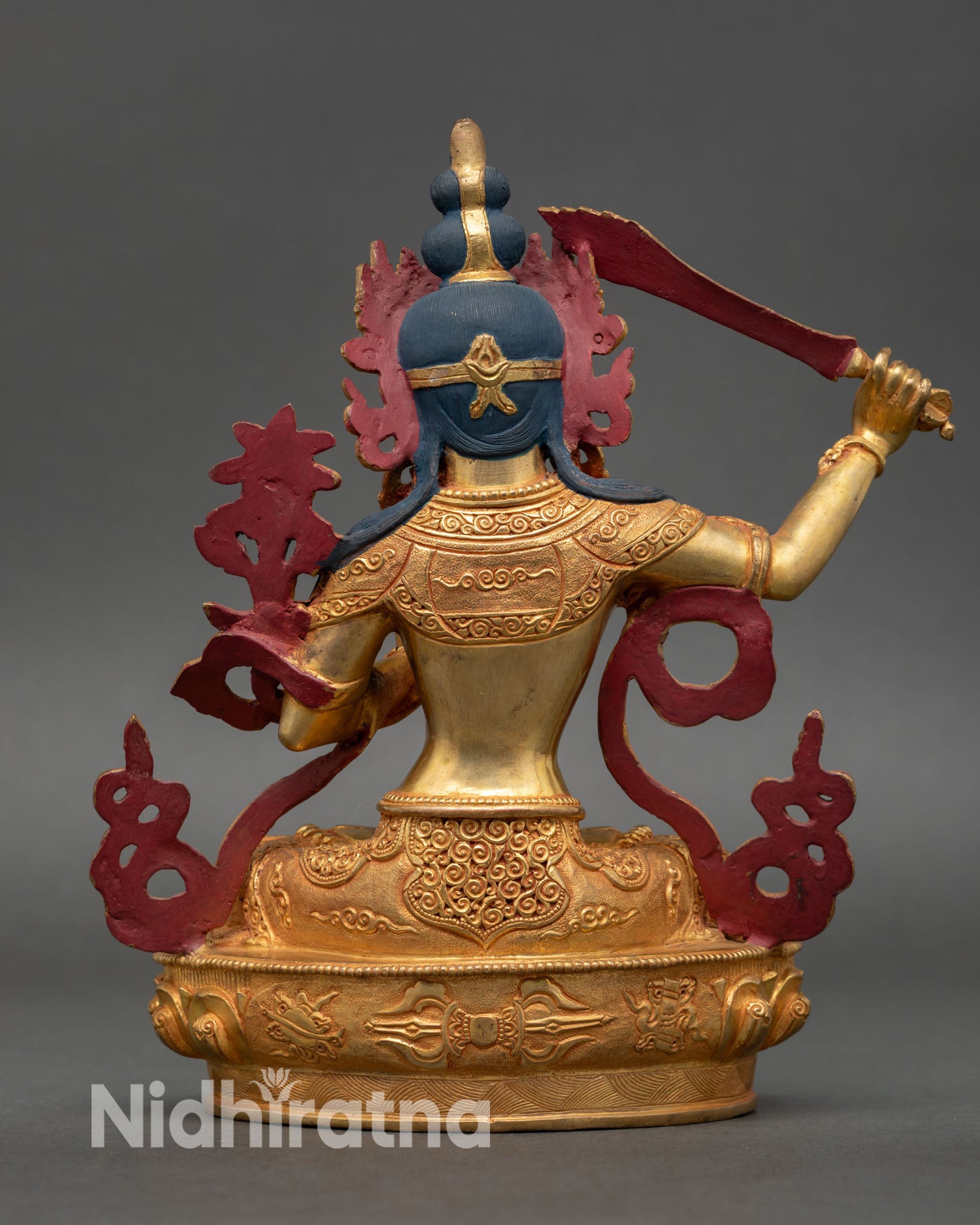 Manjushree back view intricate carving handmade Nepal statue detailed lotus base sacred Buddhist wisdom deity altar art