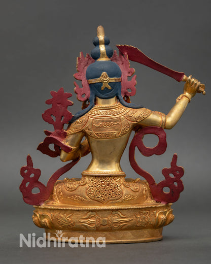 Manjushree back view intricate carving handmade Nepal statue detailed lotus base sacred Buddhist wisdom deity altar art