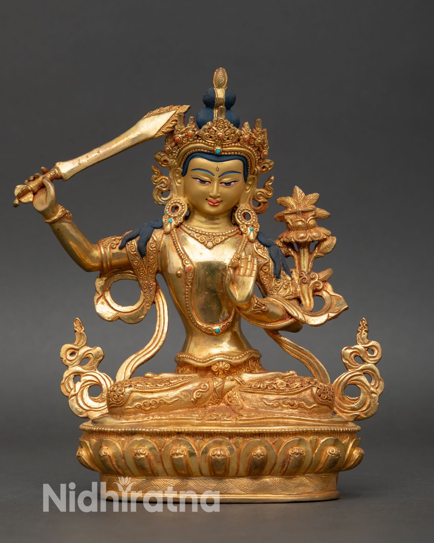 Manjushree statue front view, handmade Nepal copper gold fire gilded wisdom deity  Buddhist art