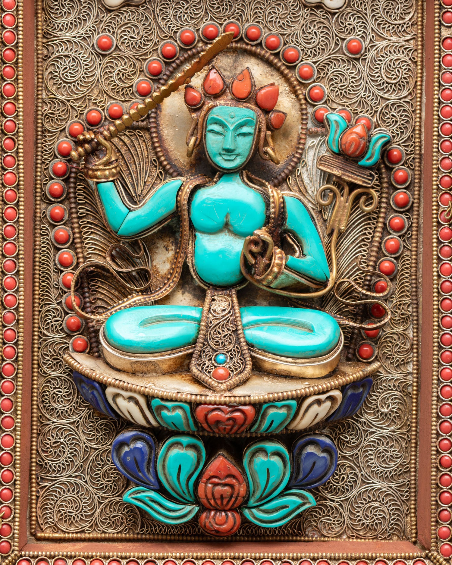 Manjushree wall hanging lost wax casting copper filigree work Tibetan Buddhist altar wall decor