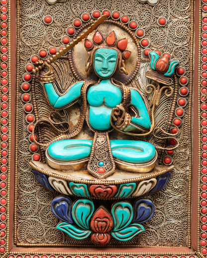 Manjushree wall hanging lost wax casting copper filigree work Tibetan Buddhist altar wall decor
