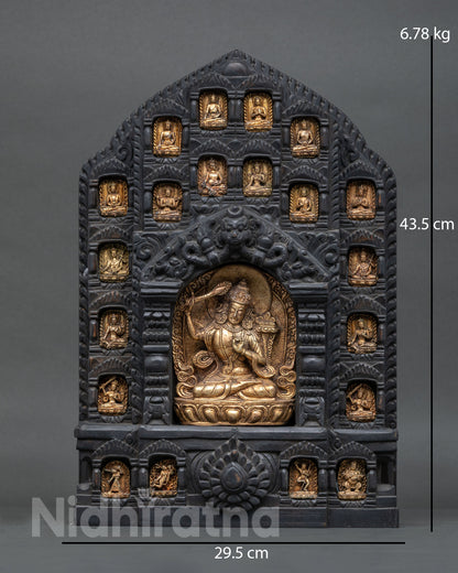 Manjushri Bodhisattva copper statue with gold gilding in carved wooden shrine