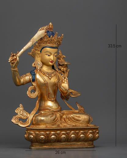 Manjushri Bodhisattva of Wisdom holding flaming double edged sword and utpala stem