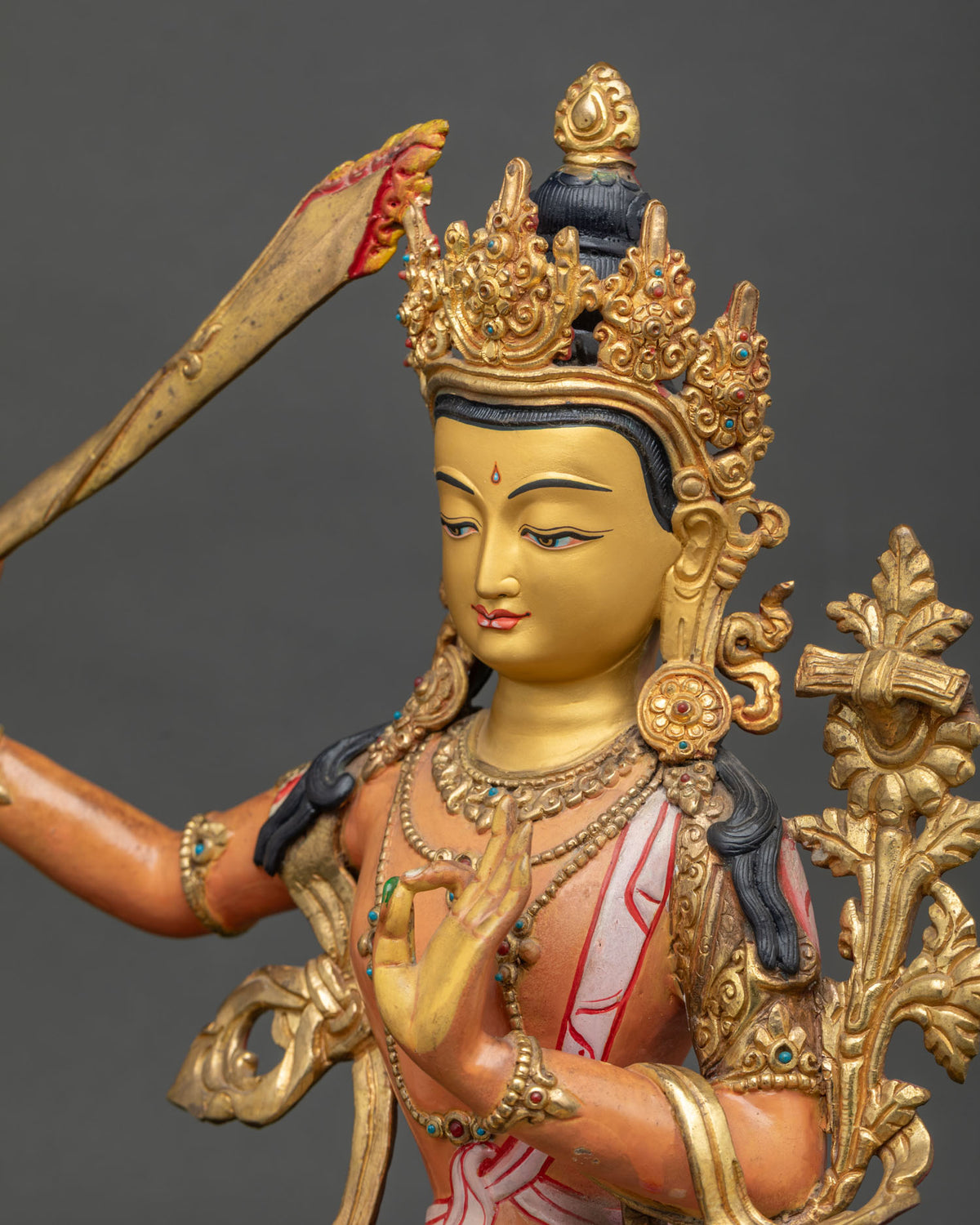 Manjushri Bodhisattva of Wisdom statue handcrafted by Newari artist from Nepal.