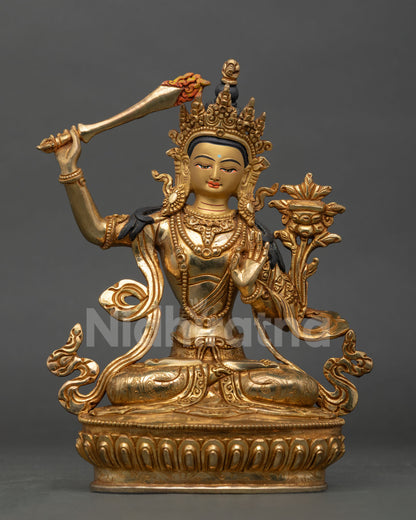 Manjushri Bodhisattva statue for altar, gold gilded copper Buddhist sculpture Nepal