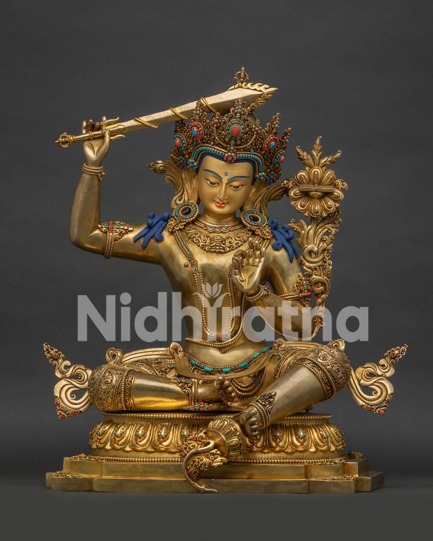 Manjushri Bodhisattva statue front view, gold-gilded copper, handmade in Nepal