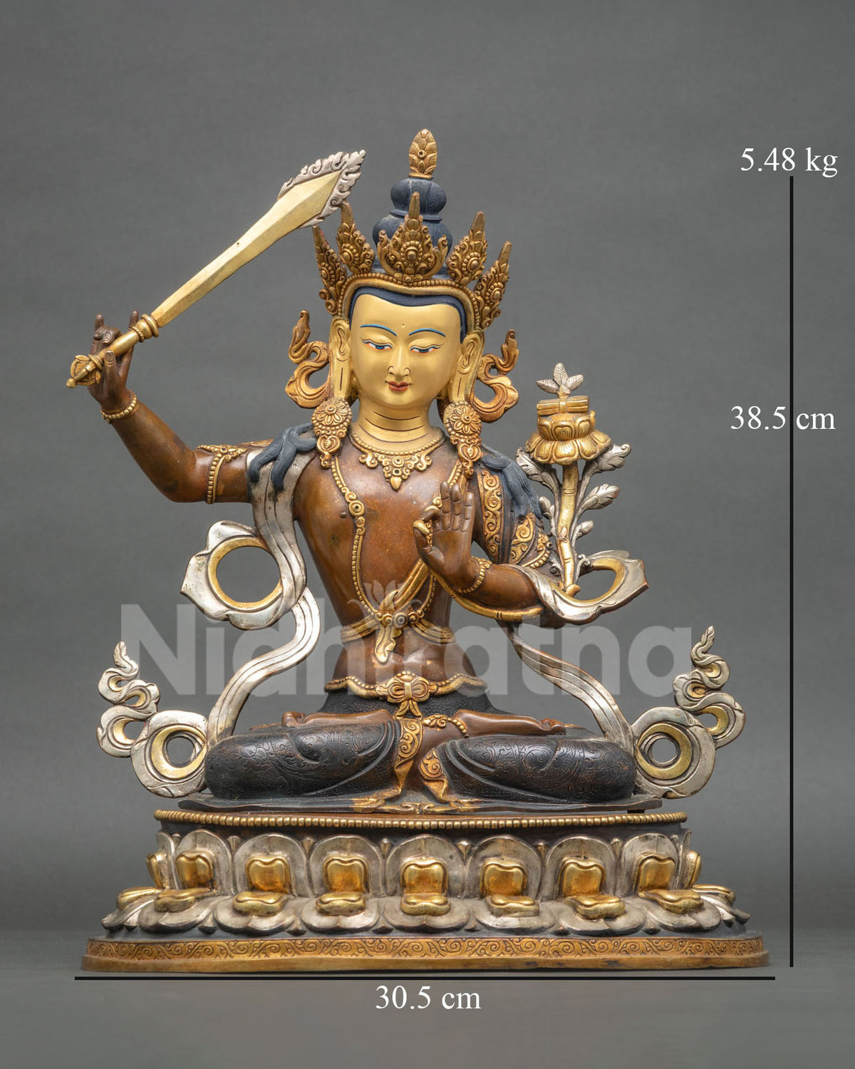 Manjushri Bodhisattva statue front view, handcrafted copper with 24K gold gilding, Nepal
