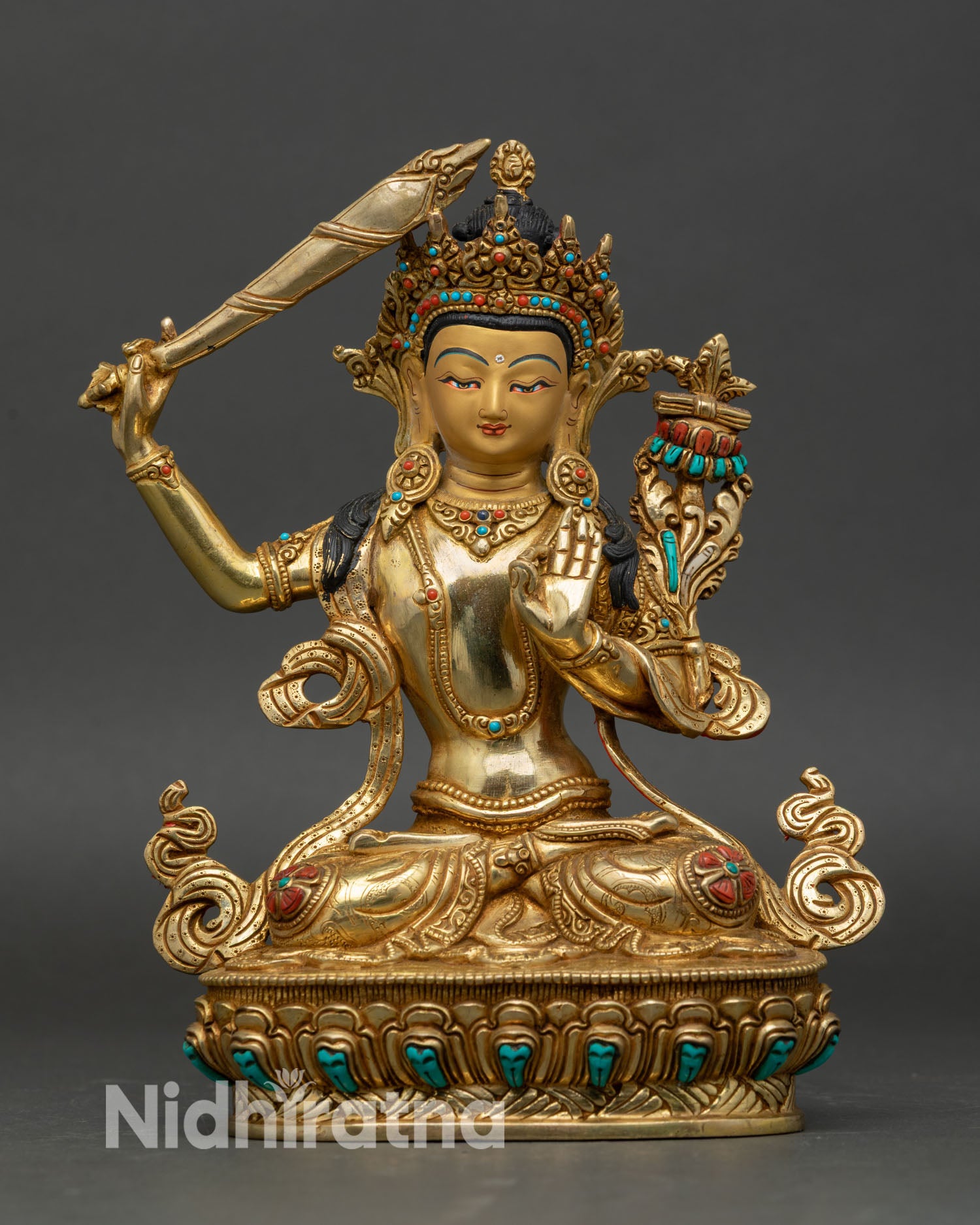 Manjushri Bodhisattva statue, Nepalese handcrafted copper, gold-gilded, wisdom deity meditation art