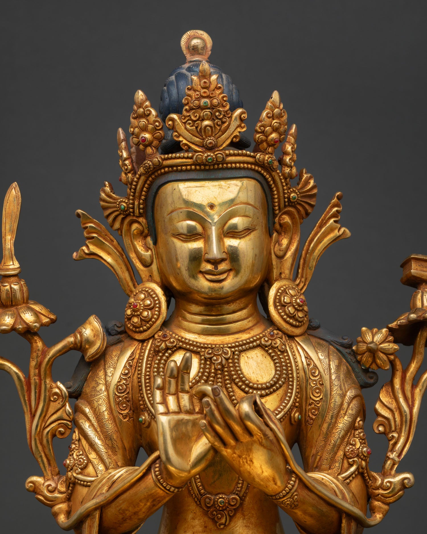 Manjushri Bodhisattva statue regular close up gold gilded copper Buddhist sculpture