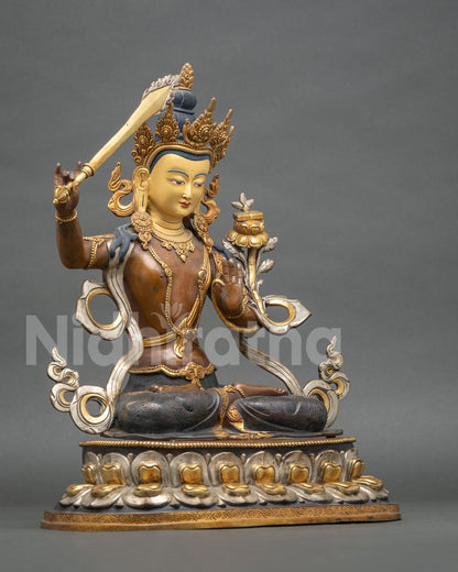 Manjushri Bodhisattva statue right side view, 24K gold gilded copper, Newari handcrafted