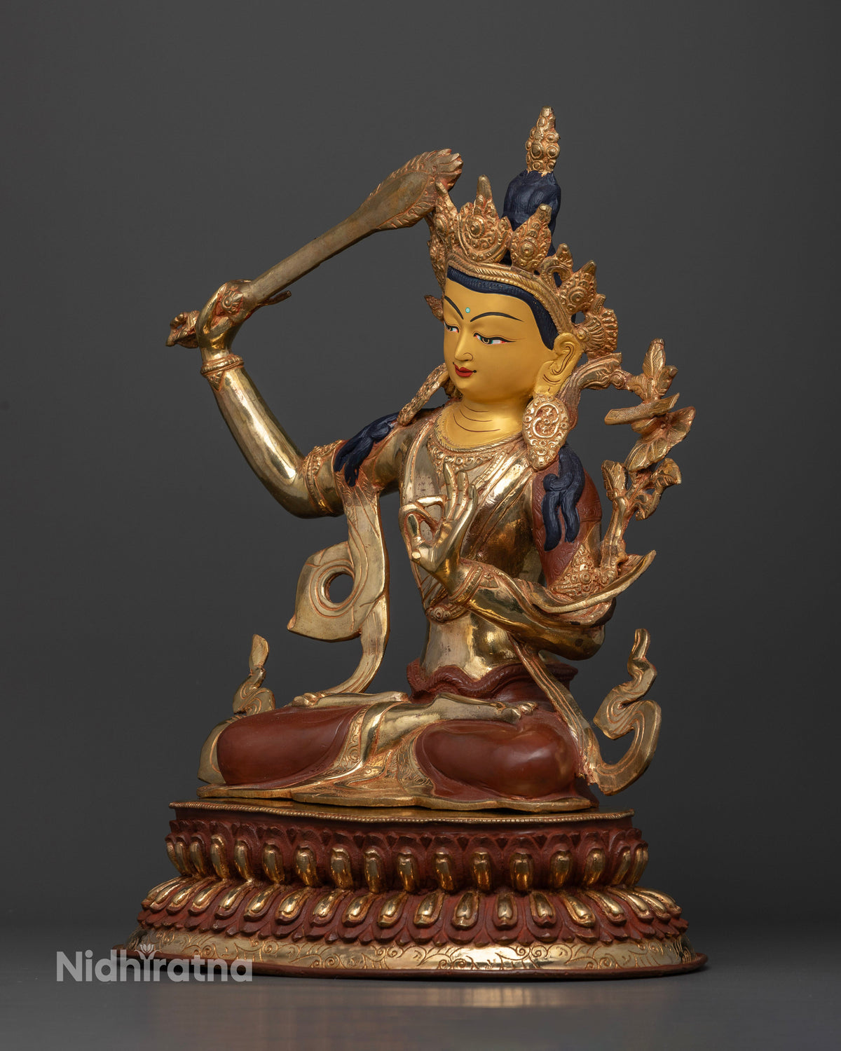Manjushri Buddhist statue handcarved double lotus pedestal gold gilded.