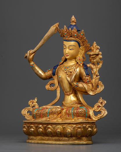 Manjushri Buddhist Statue Holding Flaming Wisdom Sword and Lotus