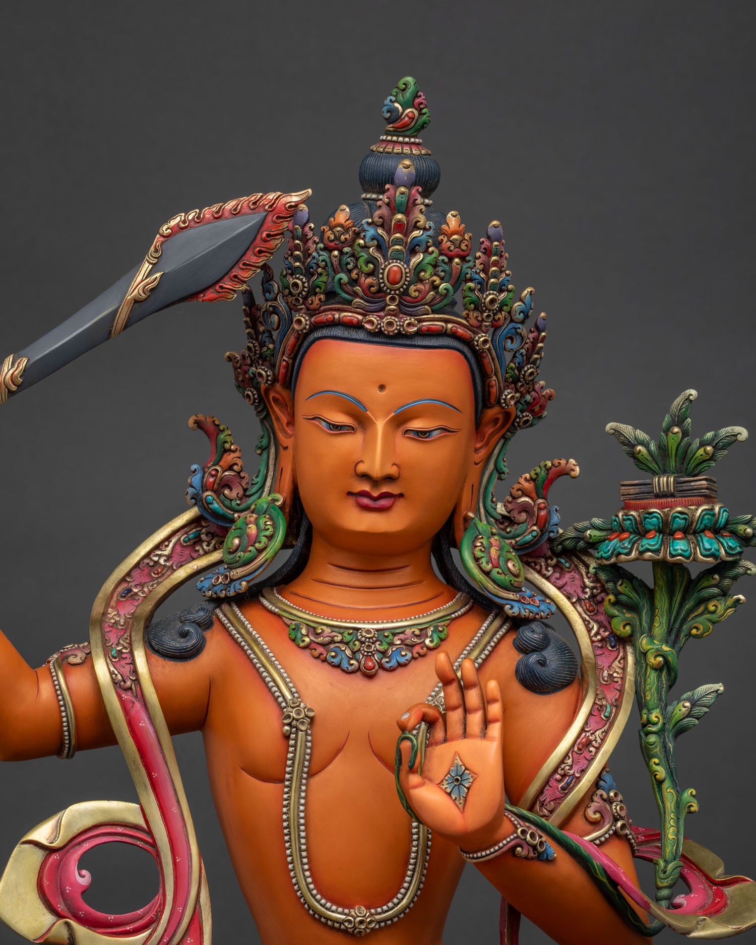 Manjushri Buddhist statue with gold detailing turquoise coral inlay crown Nepal handcrafted copper