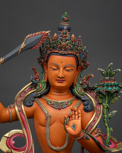 Manjushri Buddhist statue with gold detailing turquoise coral inlay crown Nepal handcrafted copper