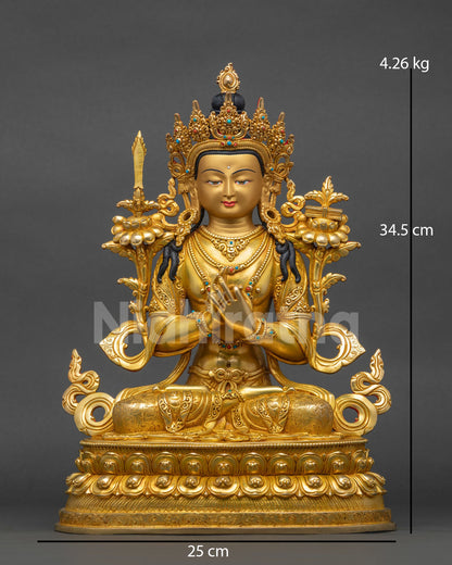 Manjushri Copper Statue in Dharmachakra Mudra with 24K gold gilding, front view