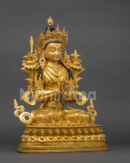 Right side view of Manjushri copper statue with gold fire-gilding finish