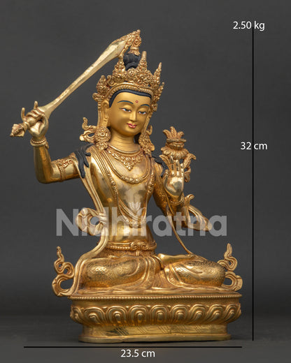 Manjushri holding flaming sword of wisdom and utpala lotus with Prajnaparamita scripture.