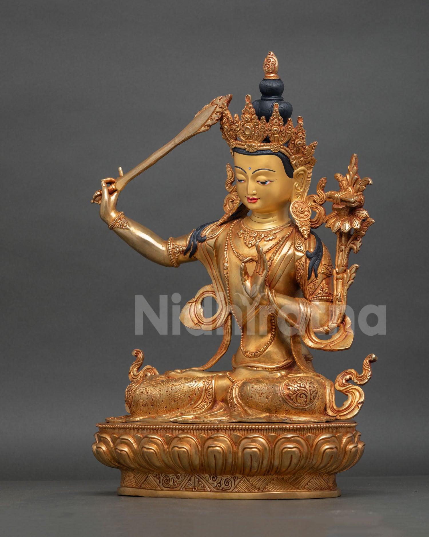 manjushri holding flaming sword of wisdom lotus scripture copper buddhist art