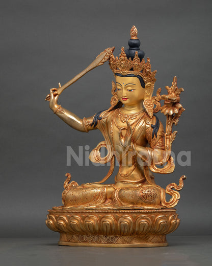 manjushri holding flaming sword of wisdom lotus scripture copper buddhist art