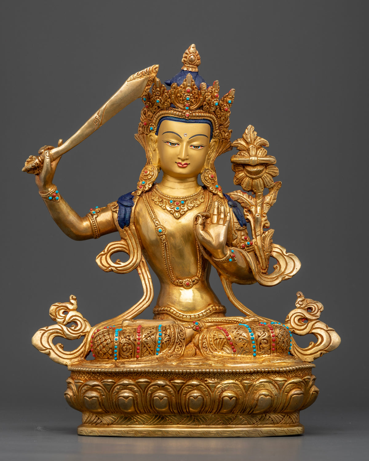 Manjushri Statue 24K Gold Gilded Copper Buddhist Bodhisattva of Wisdom