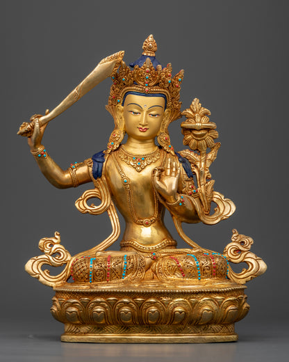 Manjushri Statue 24K Gold Gilded Copper Buddhist Bodhisattva of Wisdom