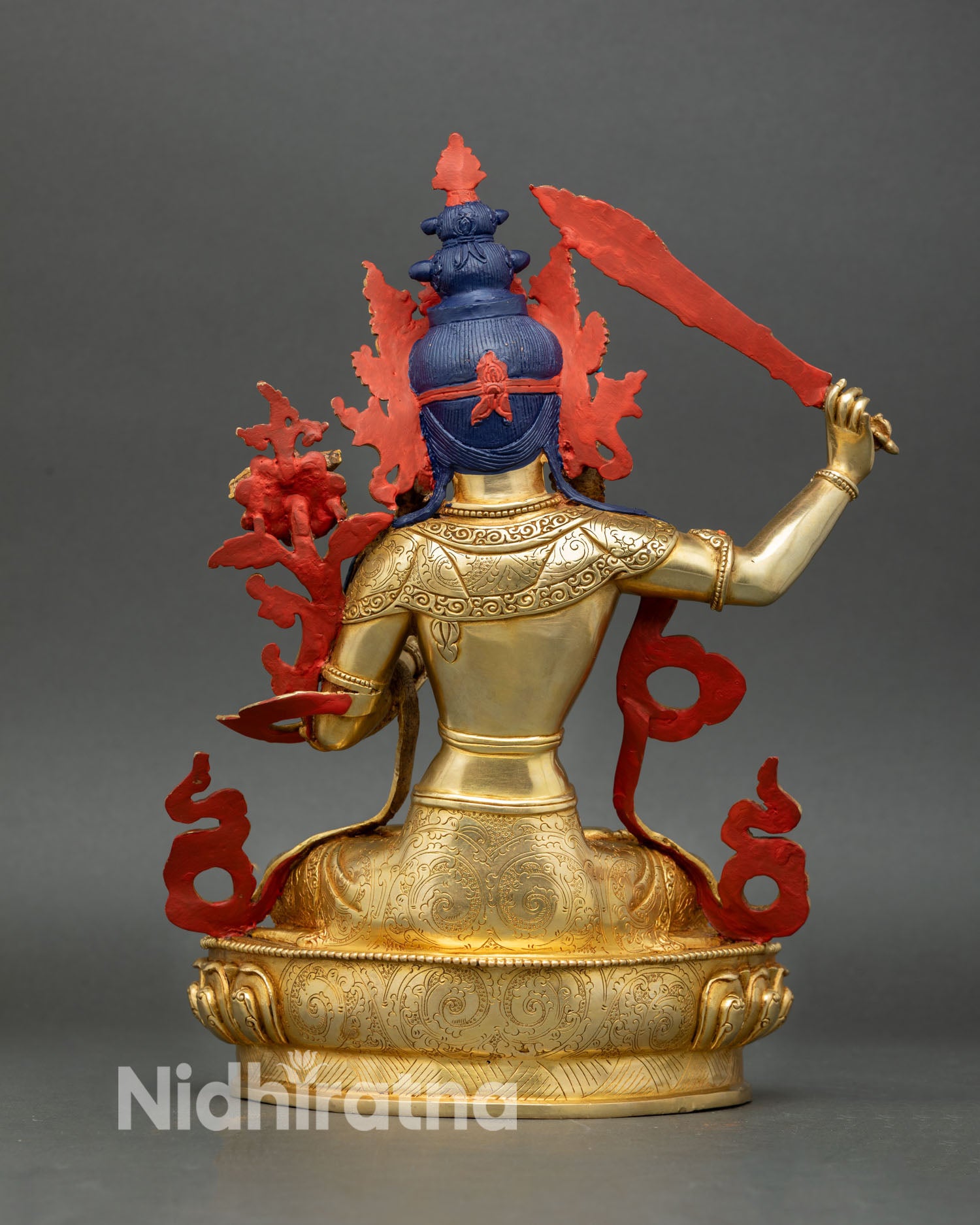Manjushri statue back view intricate ornament detail lost wax casting gold gilded spiritual altar art